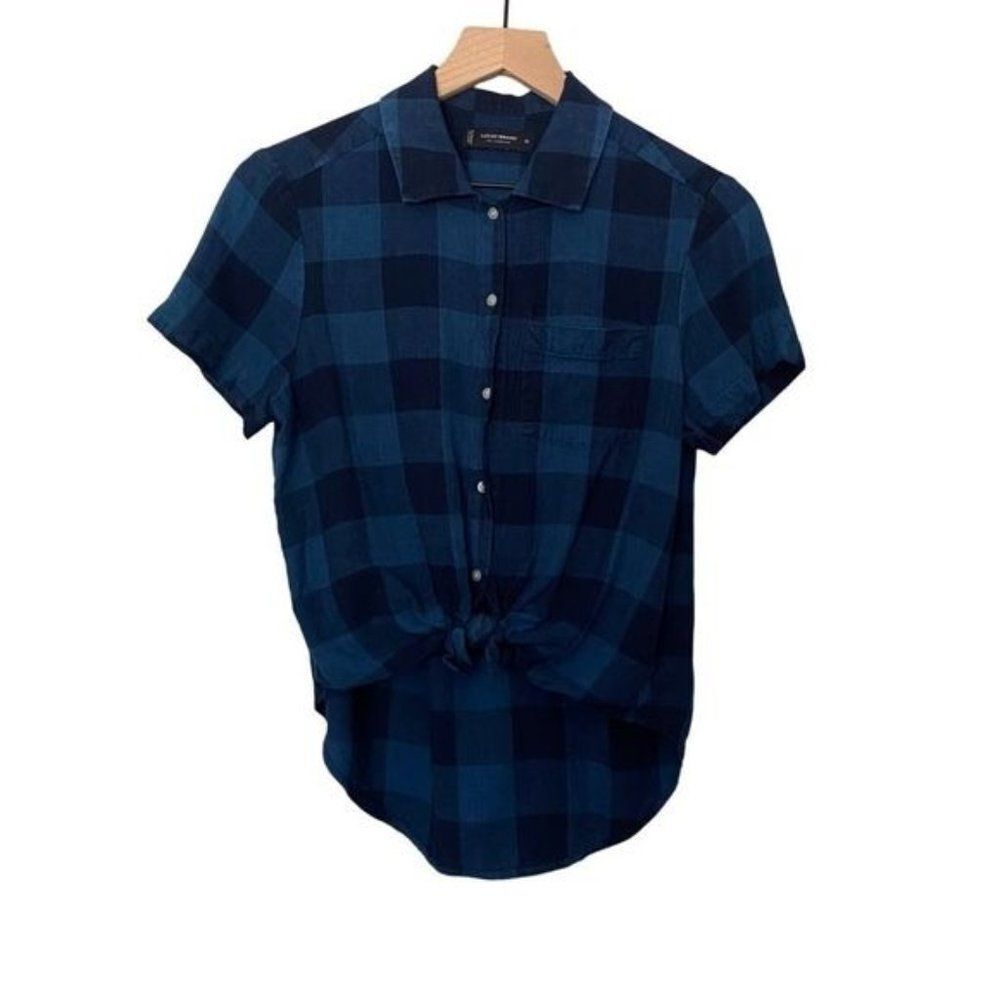 Lucky Brand XS Blue Plaid Knotted Short Sleeve Shirt Cropped Button Down Top